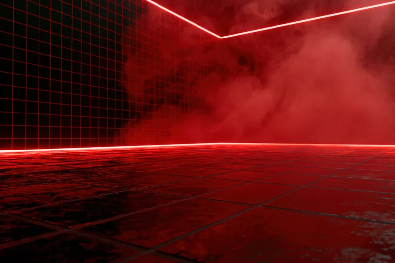 Empty dark studio room with red neon laser lines along walls and floor, filled with smoke
