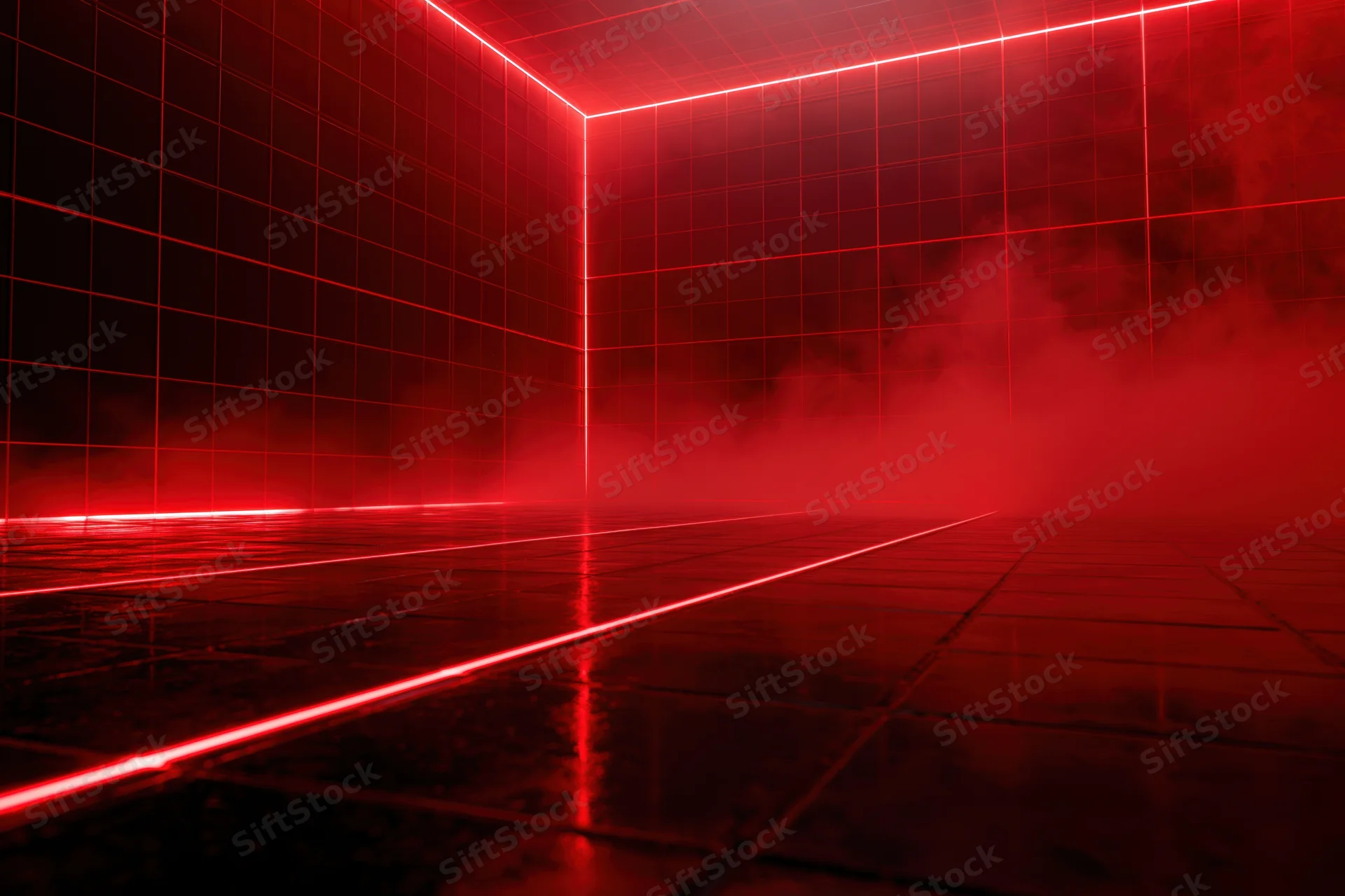 Red neon laser lines forming grid pattern on dark studio floor with smoke and reflections