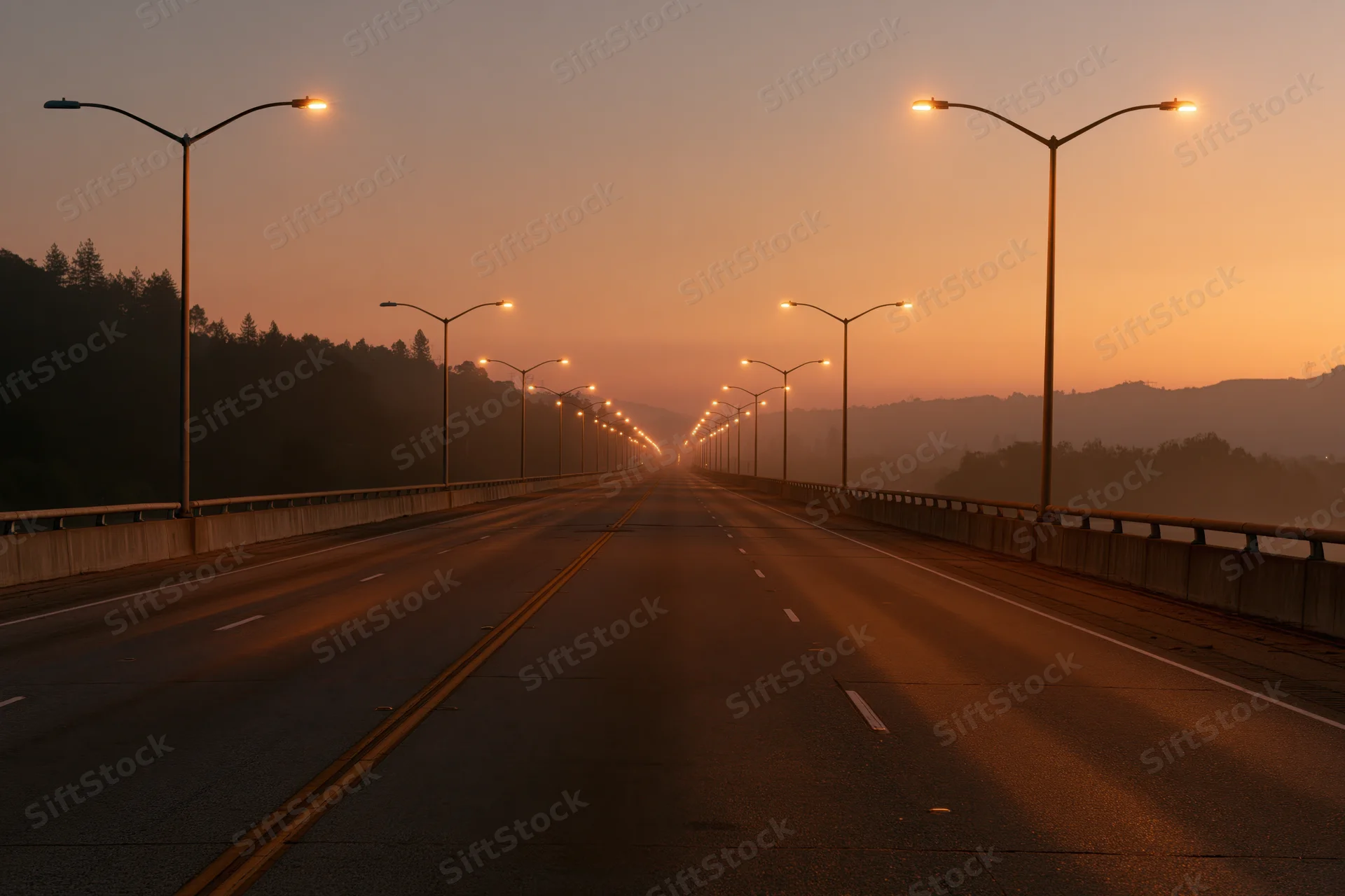 Empty four-lane highway stretching toward the horizon on a bridge at sunset with streetlights lining both sides