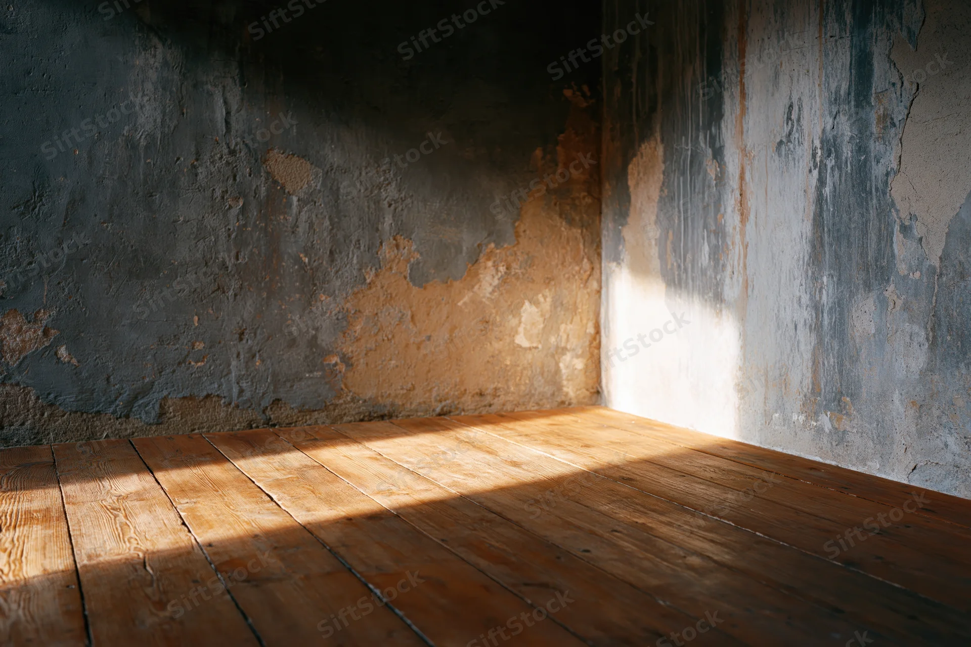 Worn wooden plank floor meeting peeling concrete walls in an empty interior corner lit by sunlight