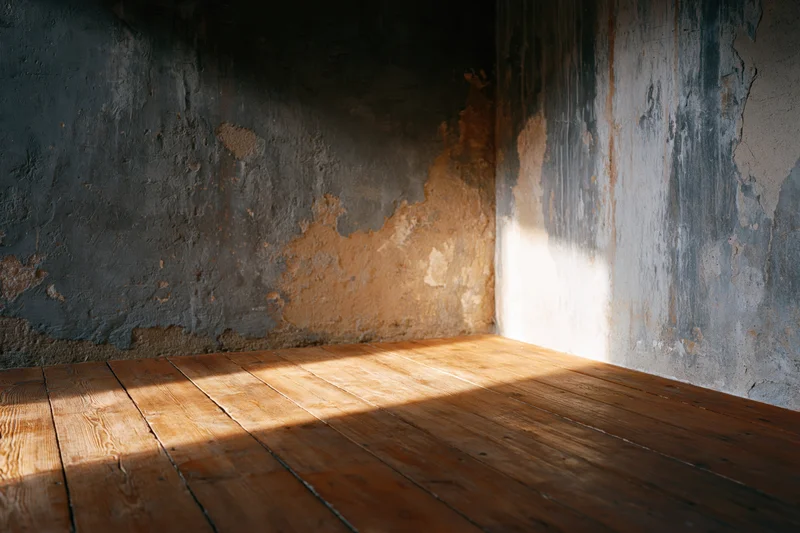 Worn wooden plank floor meeting peeling concrete walls in an empty interior corner lit by sunlight
