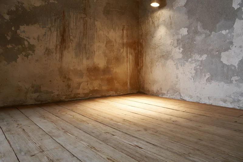 Empty corner of a room with worn wooden plank floor meeting peeling concrete walls under warm spotlight