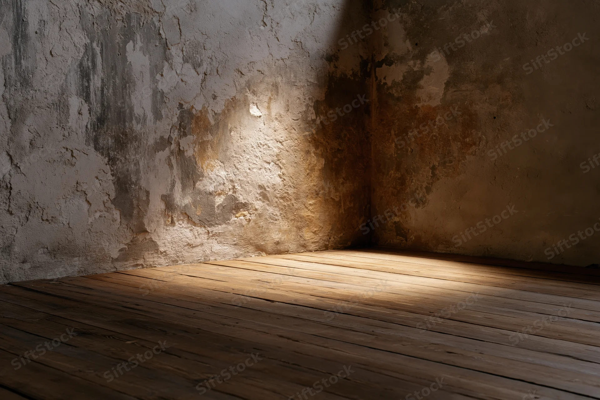 Empty corner where worn wooden plank floor meets textured concrete wall with peeling plaster and spotlighted beam of light