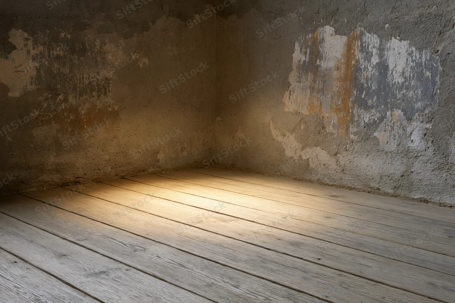 Empty corner where worn wooden plank floor meets peeling concrete wall