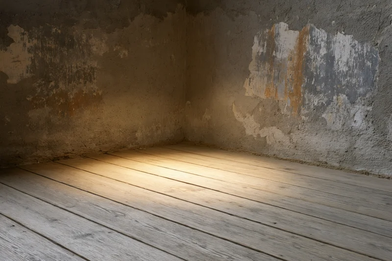 Empty corner where worn wooden plank floor meets peeling concrete wall