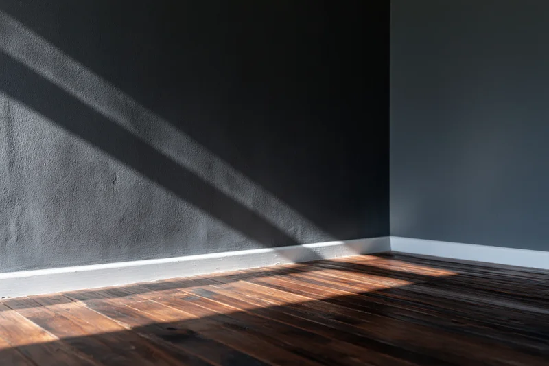 Empty interior room with dark charcoal matte wall and wooden floor, sunlight casting diagonal shadows across corner