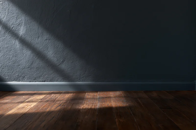 Empty interior room with dark charcoal matte wall and worn hardwood floor, sunlight casting diagonal shadow across surface