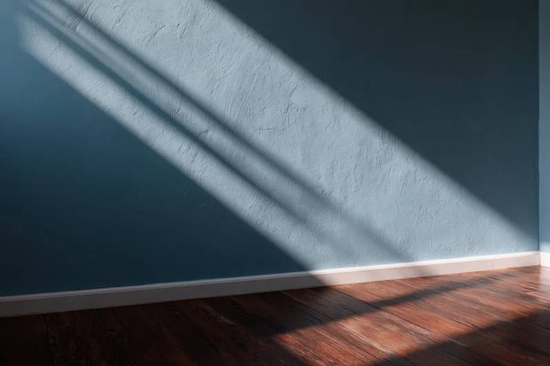 Empty interior room with dark teal-grey painted wall and wooden floor showing sunlight and shadows in corner