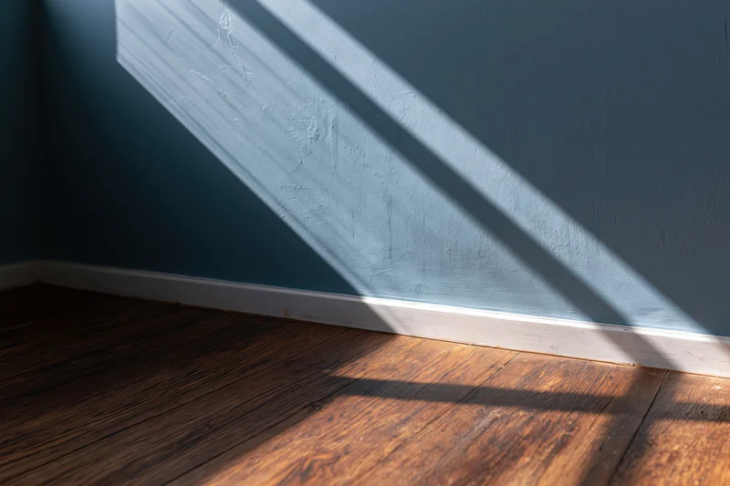 Empty room corner with dark teal wall and hardwood floor showing sunlight shadows