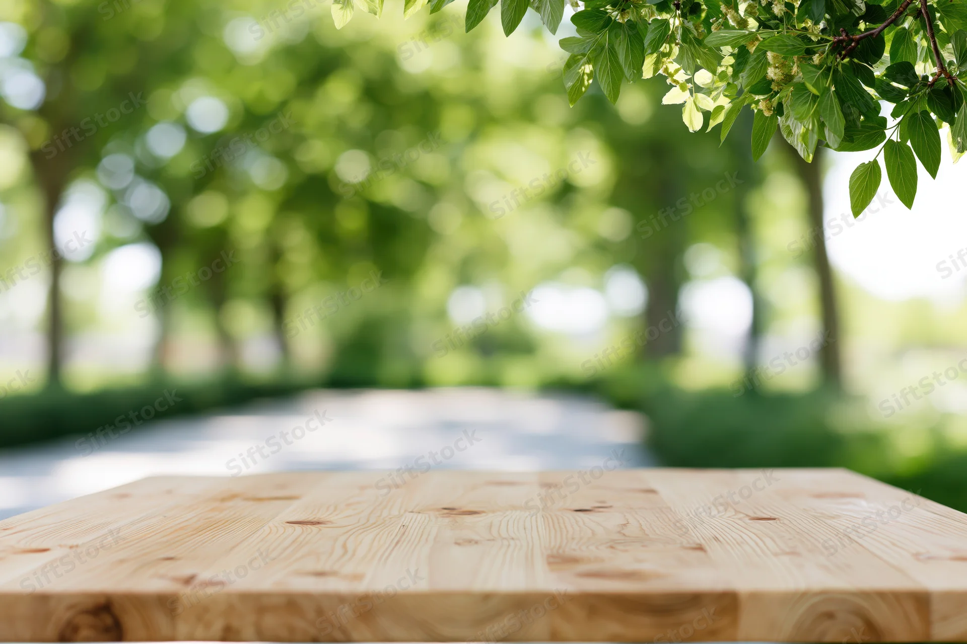 Empty pine wood table surface in a sunlit garden with blurred green foliage and a pathway in the background