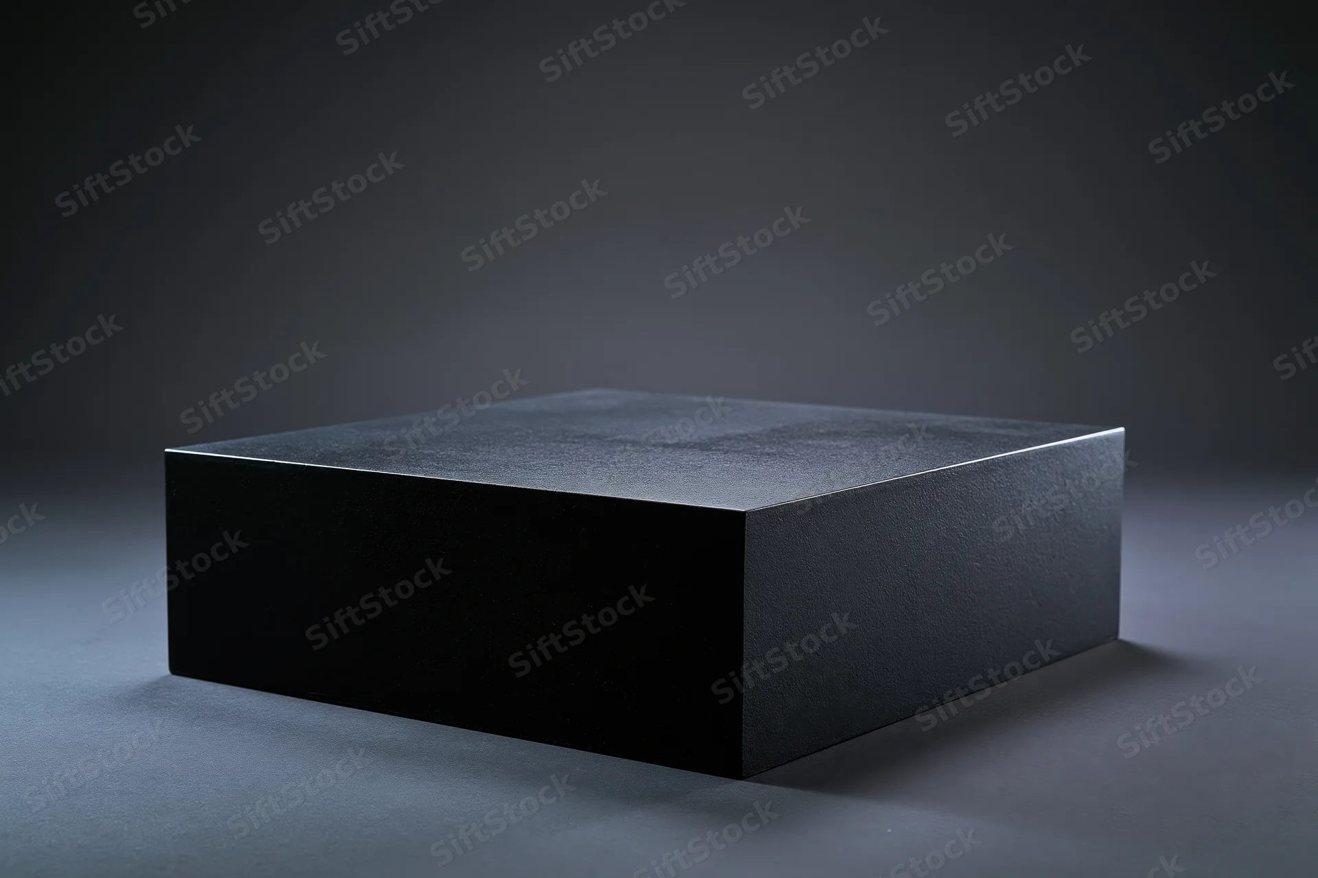 Matte black rectangular pedestal centered on dark studio floor with soft lighting and shadow