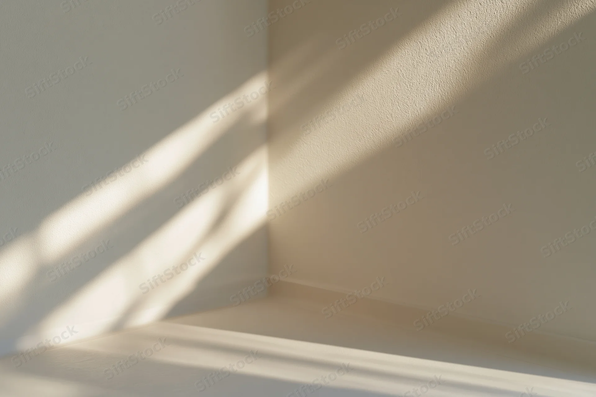 Empty minimalist room corner with sunlight casting striped shadows on white matte walls and floor