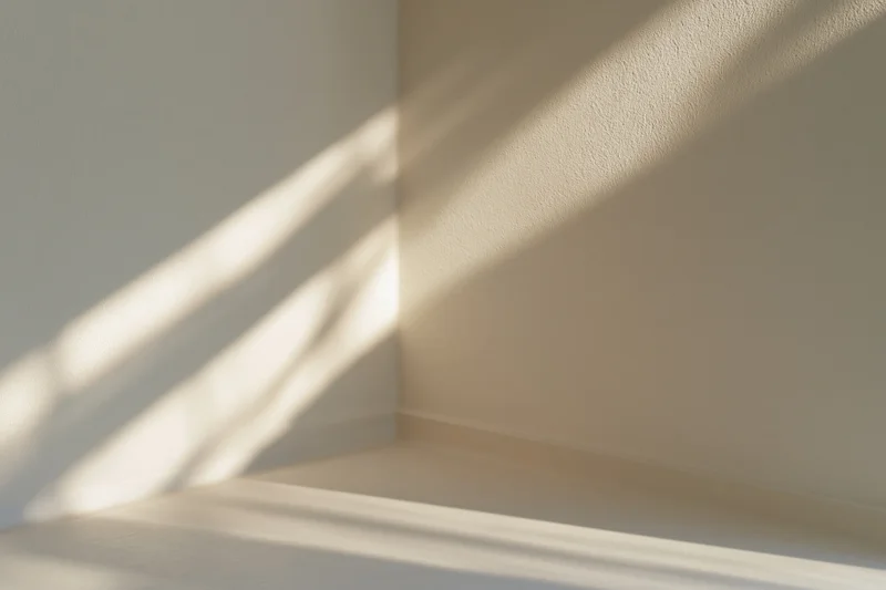 Empty minimalist room corner with sunlight casting striped shadows on white matte walls and floor
