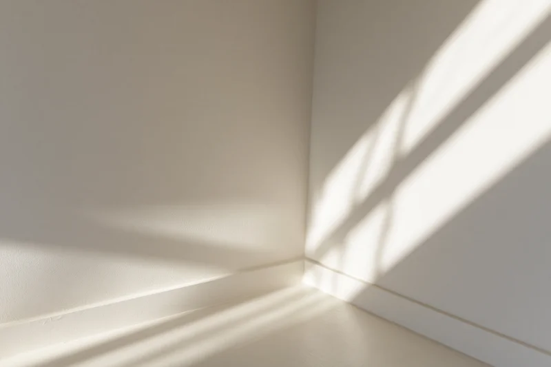 Empty room corner with sunlight casting shadows on white matte walls and floor