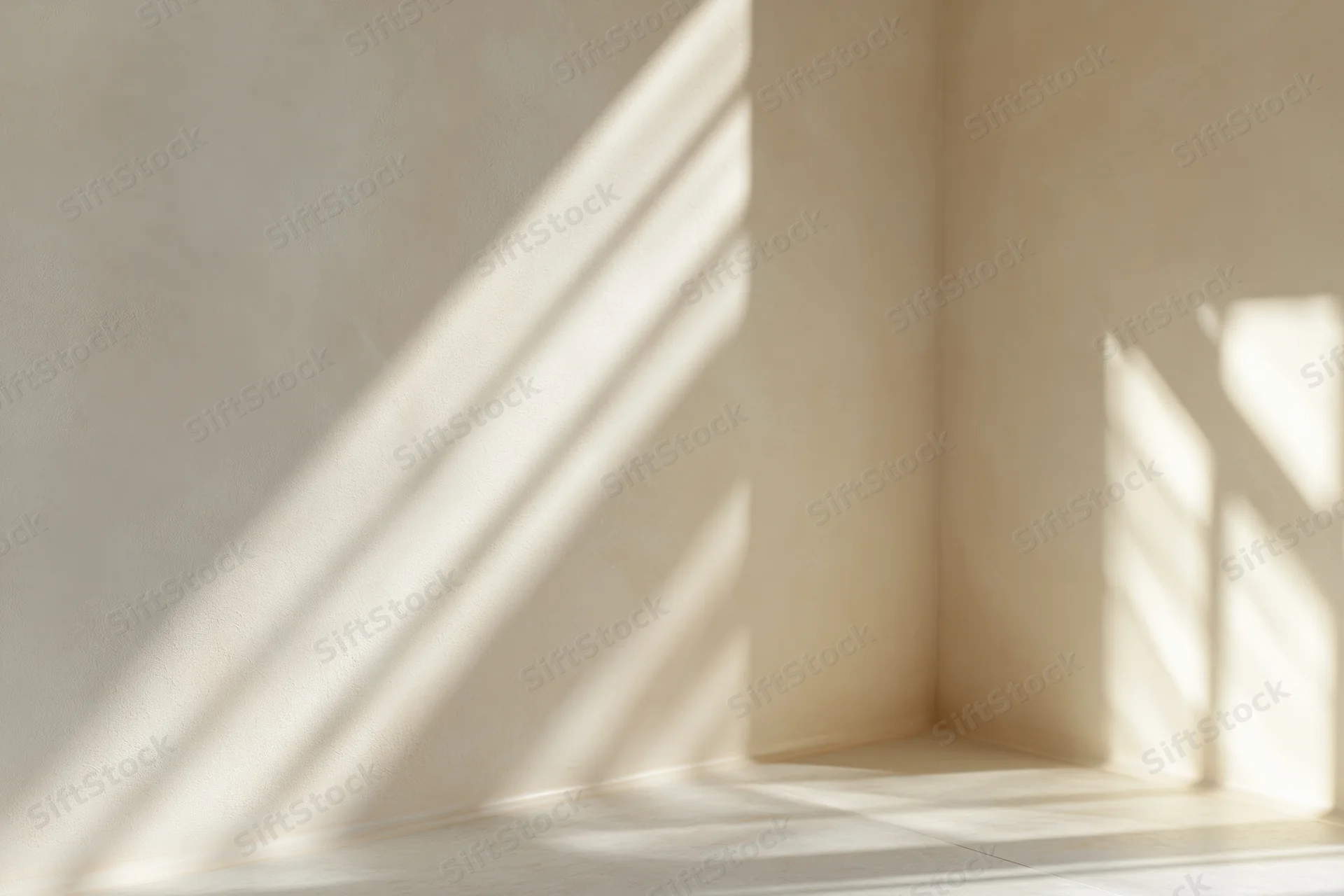 Sunlight casting striped shadows across a bare matte wall and smooth floor in a minimalist room corner