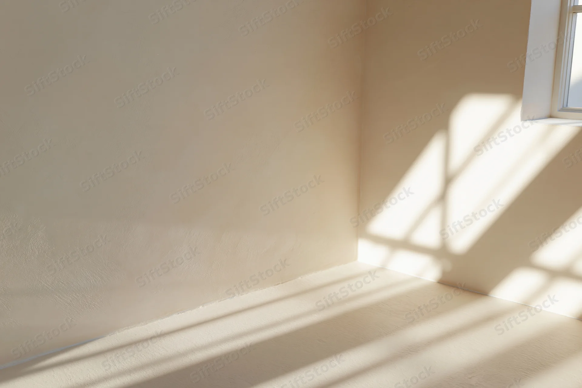 Empty minimalist room with bare walls and floor lit by sunlight through a window casting shadows on the corner