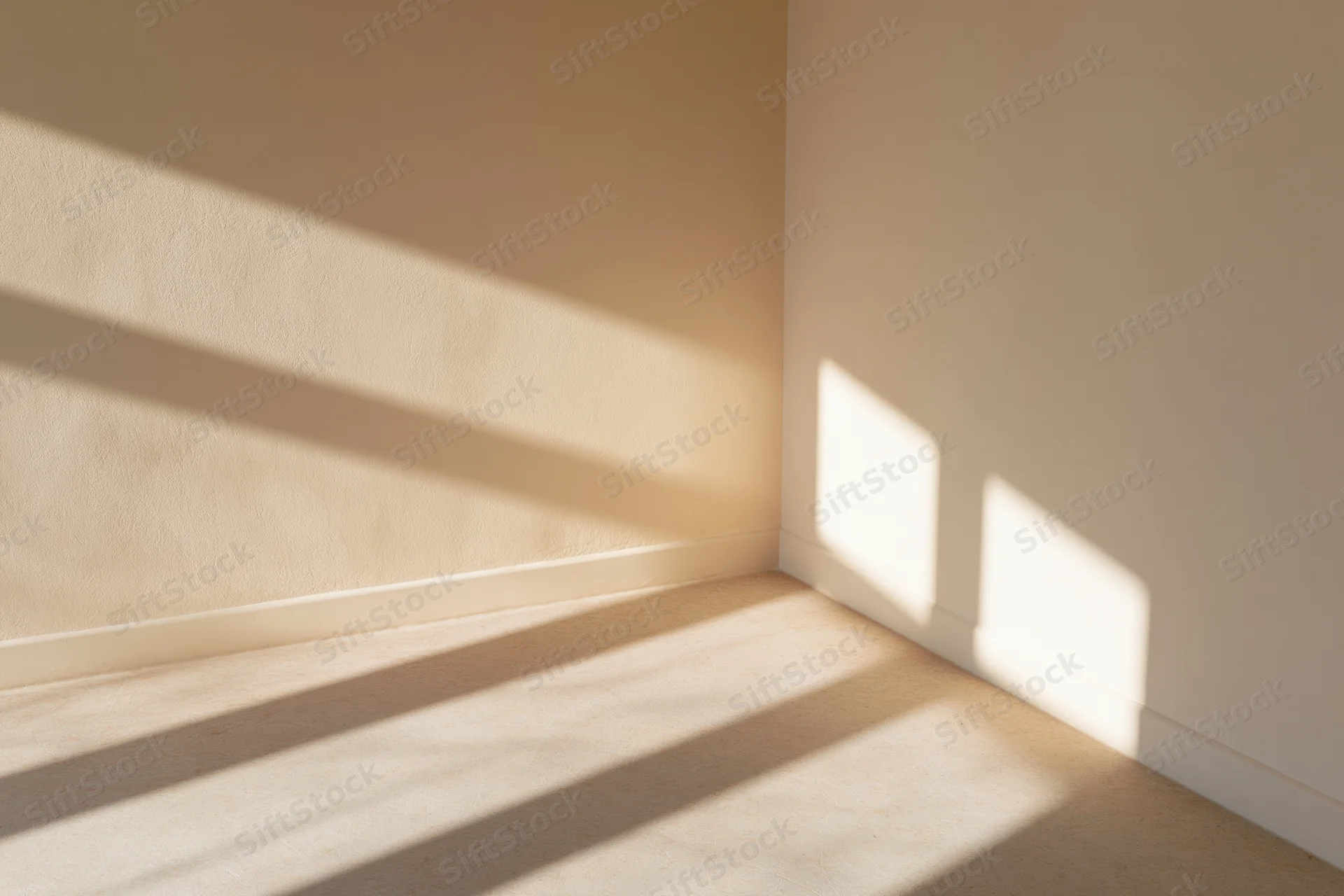 Empty minimalist room corner with sunlight casting striped shadows on beige walls and carpeted floor