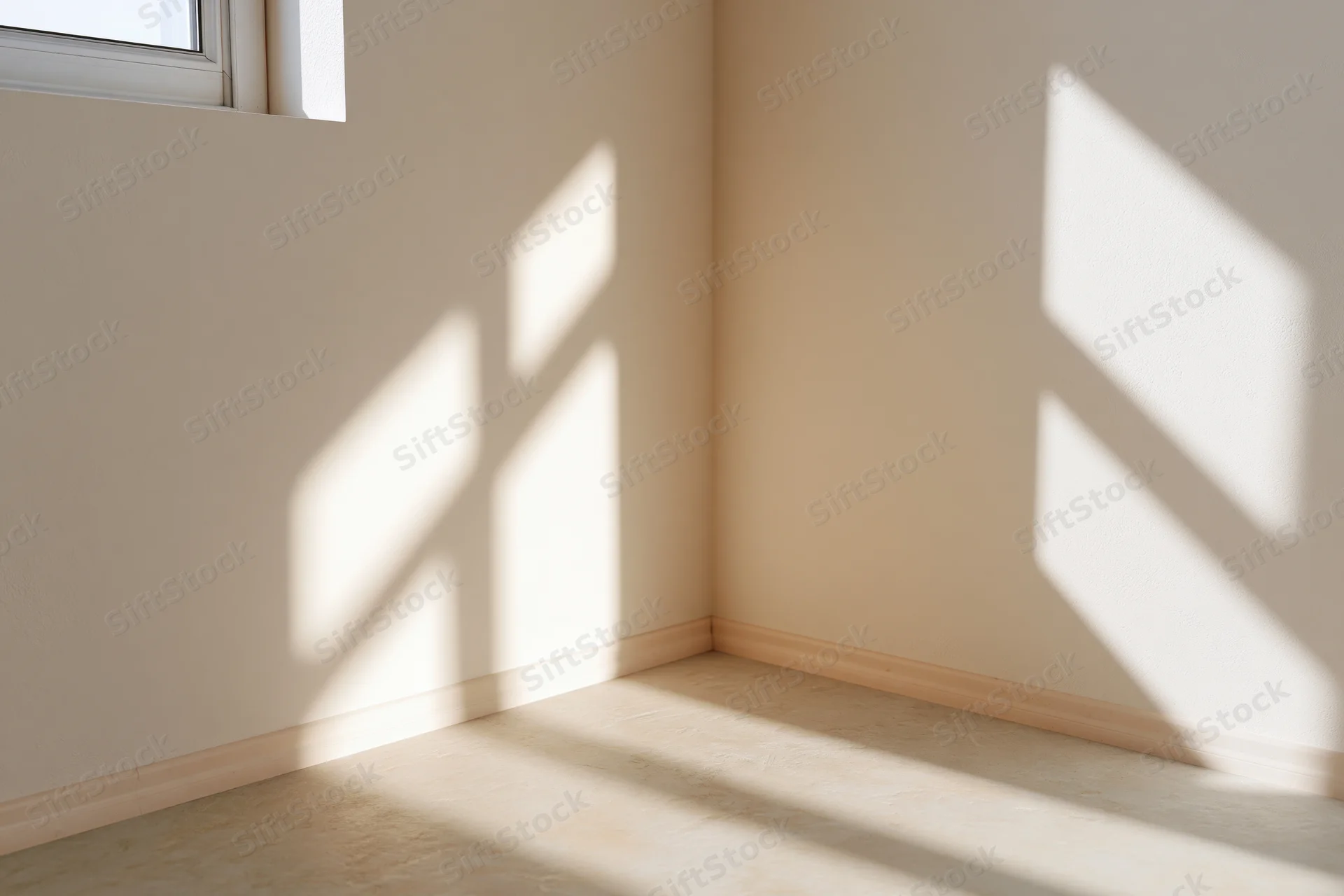 Empty minimalist room corner with sunlight and shadows from window on beige walls and floor