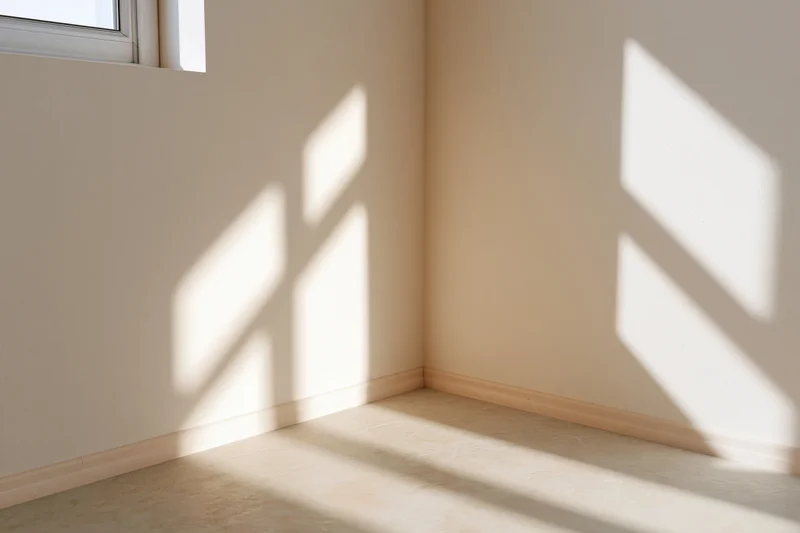 Empty minimalist room corner with sunlight and shadows from window on beige walls and floor