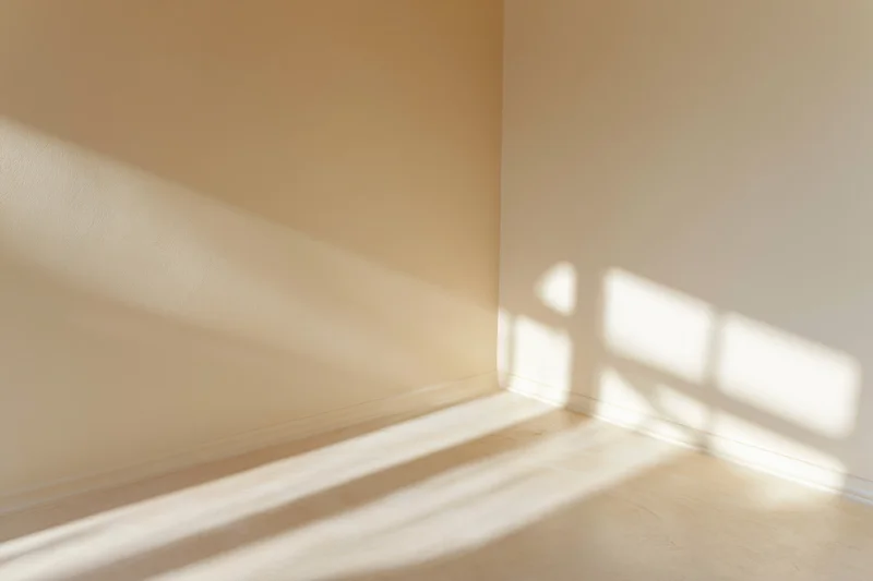 Empty minimalist room with bare beige walls and wooden floor lit by sunlight casting window shadows in corner
