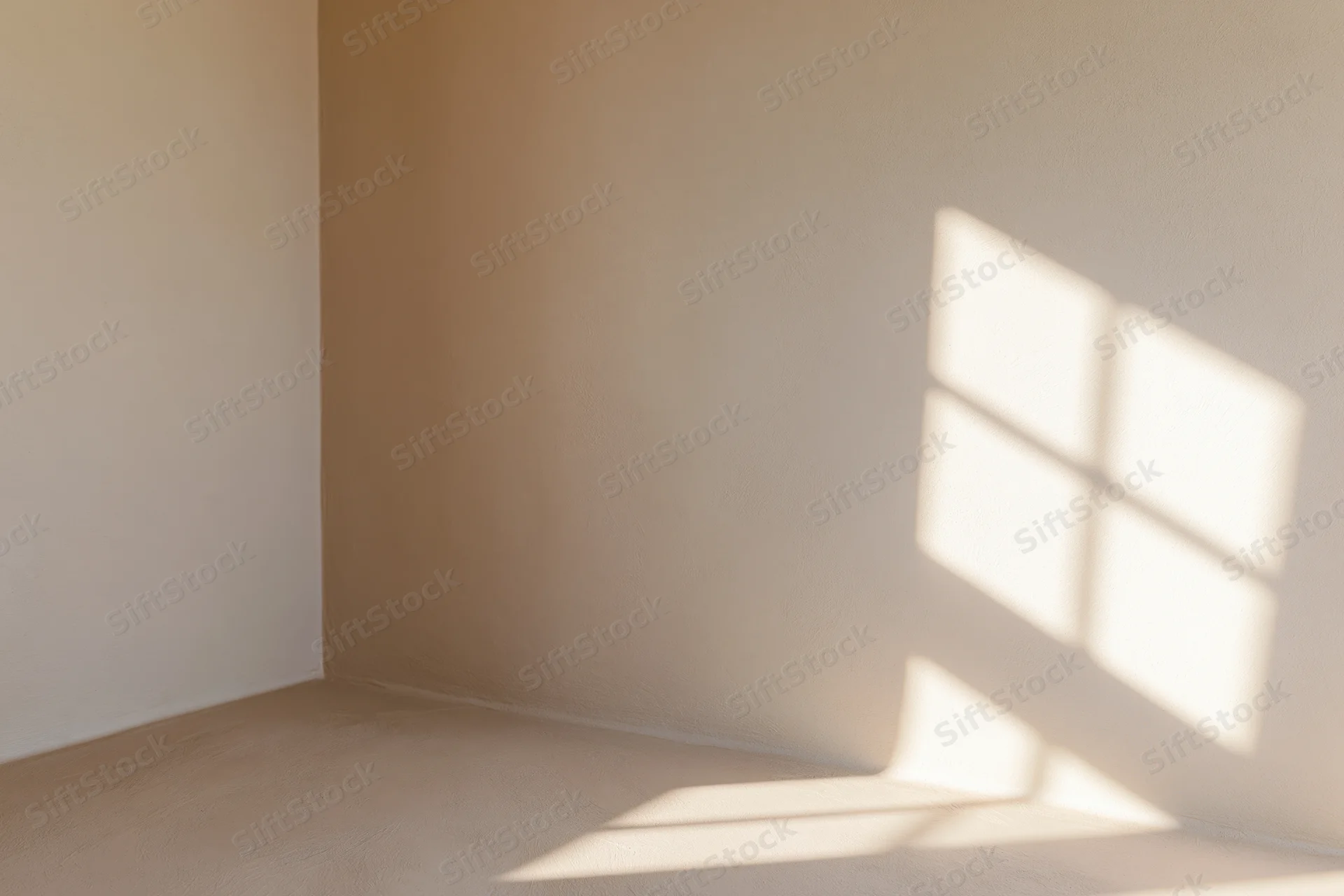 Empty minimalist room with bare walls and floor lit by sunlight casting window shadow