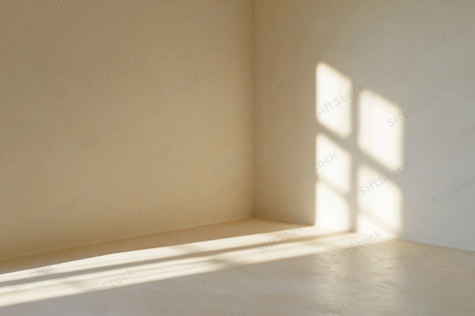 Empty minimalist room with sunlight casting window shadow on beige walls and floor