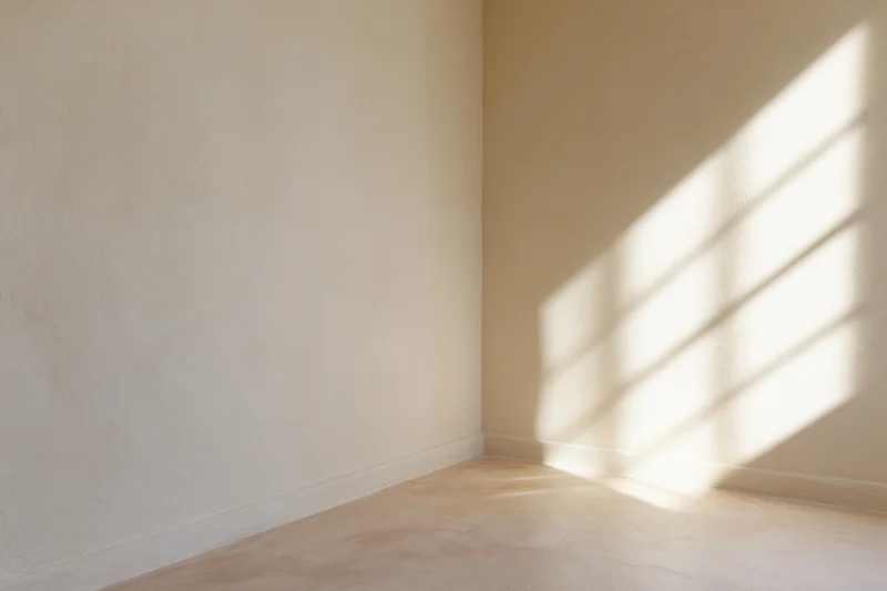 Empty minimalist room with bare walls and floor lit by sunlight casting window shadows in corner