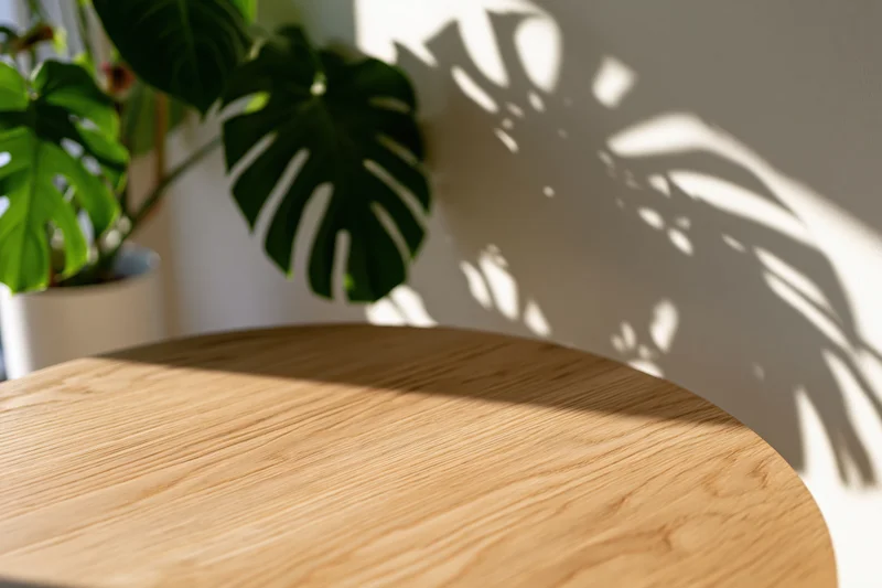 Round oak table in foreground with monstera plant casting leaf shadows on white wall