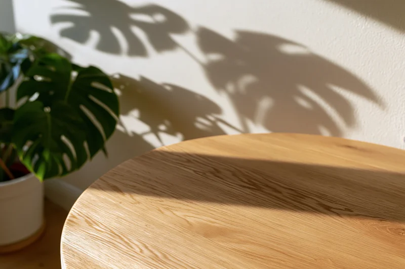 Round oak table in foreground with monstera plant casting leaf shadows on white wall
