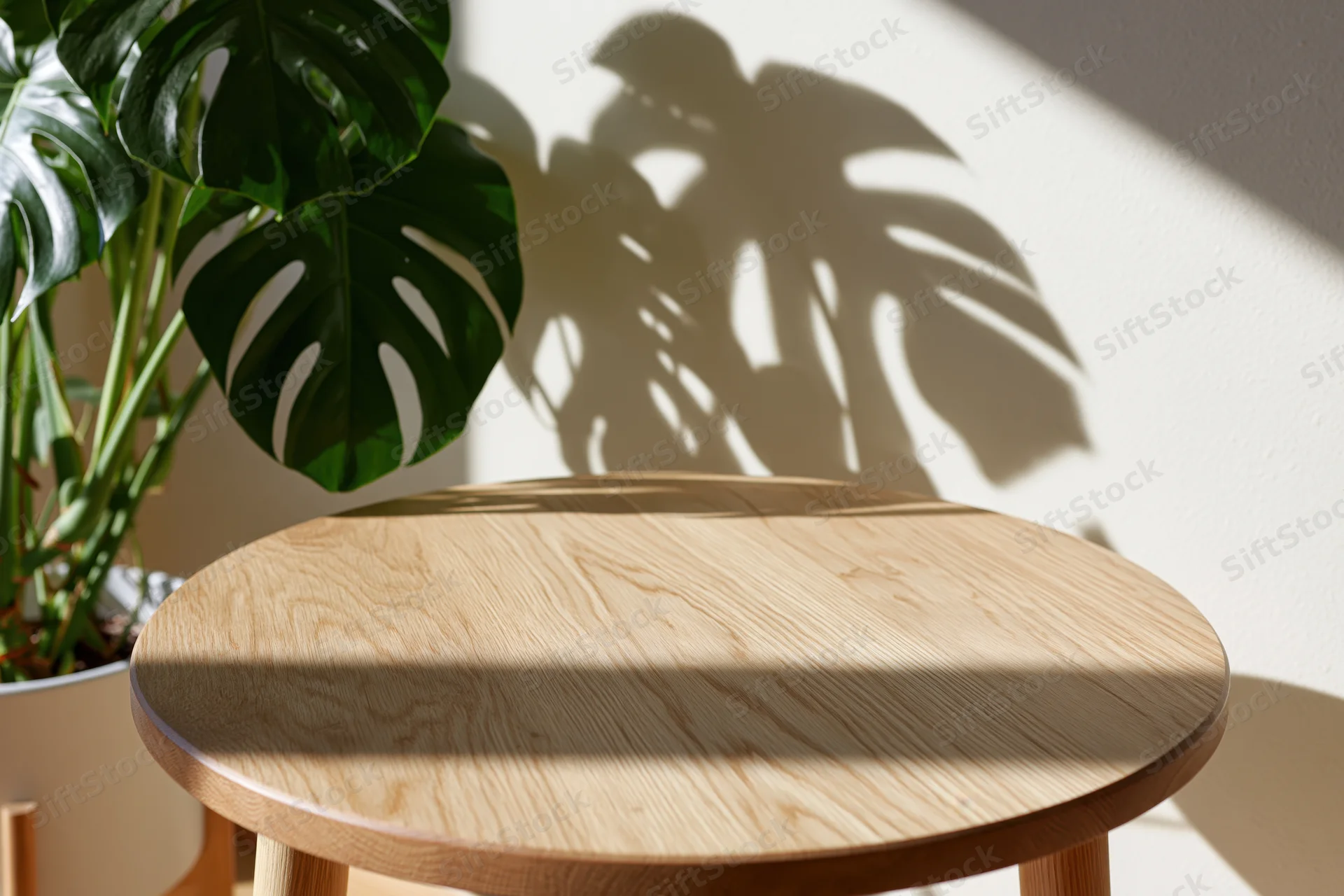 Round oak table in foreground with monstera plant casting shadow on white wall