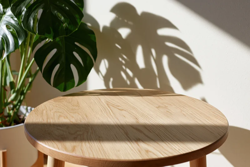 Round oak table in foreground with monstera plant casting shadow on white wall