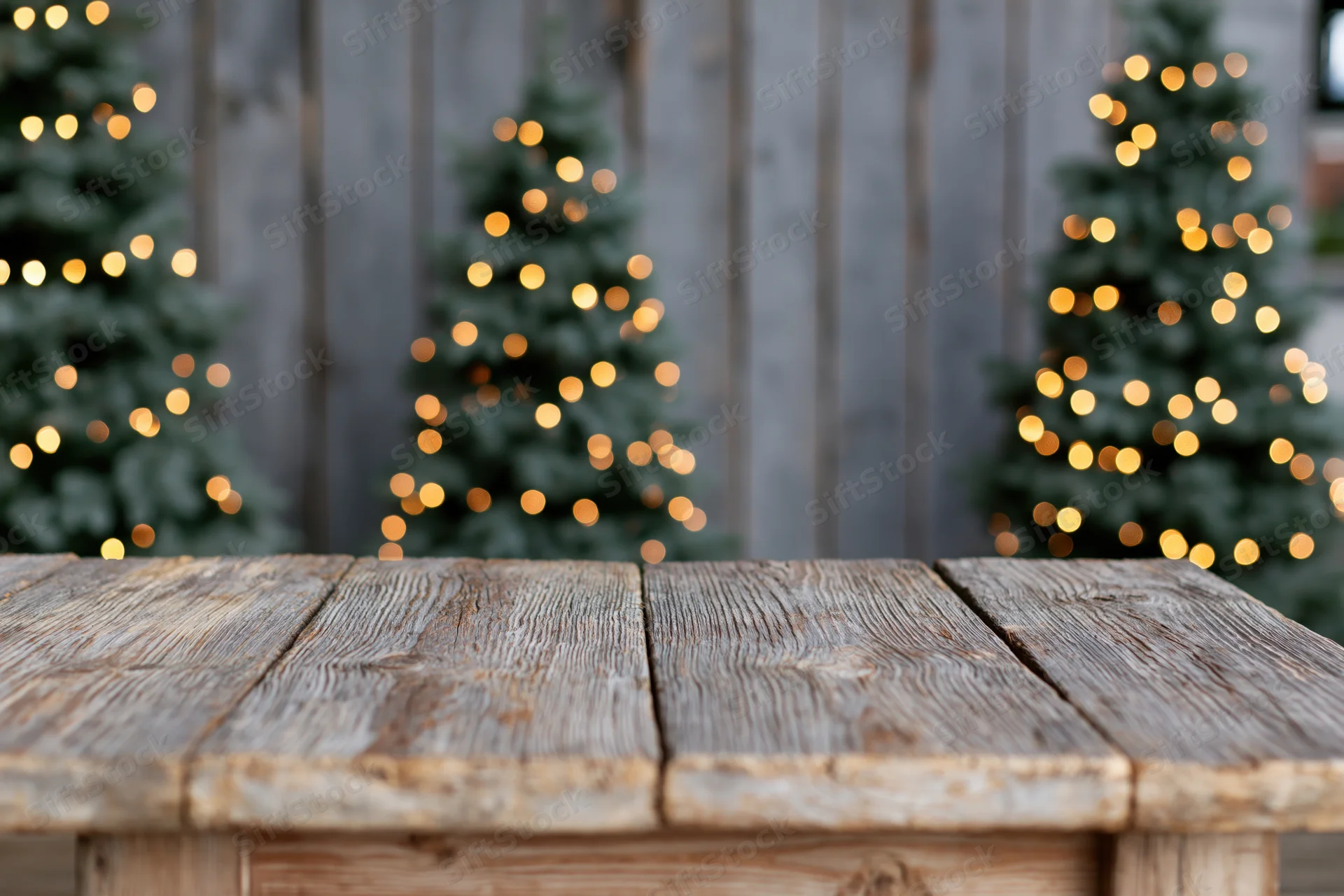 Rustic wooden tabletop in sharp focus with blurred christmas trees and lights in background
