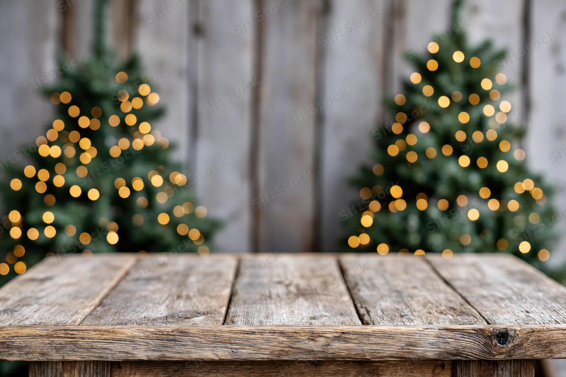 Empty rustic wooden tabletop in front of blurred christmas trees with warm bokeh lights