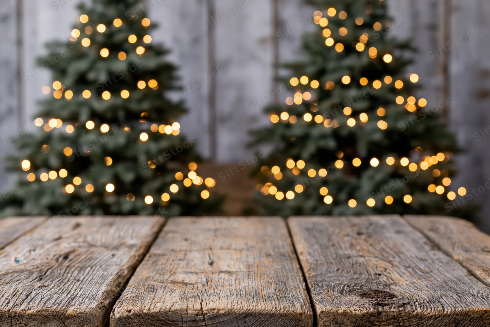 Empty rustic wooden tabletop in sharp focus with blurred christmas trees and lights in background