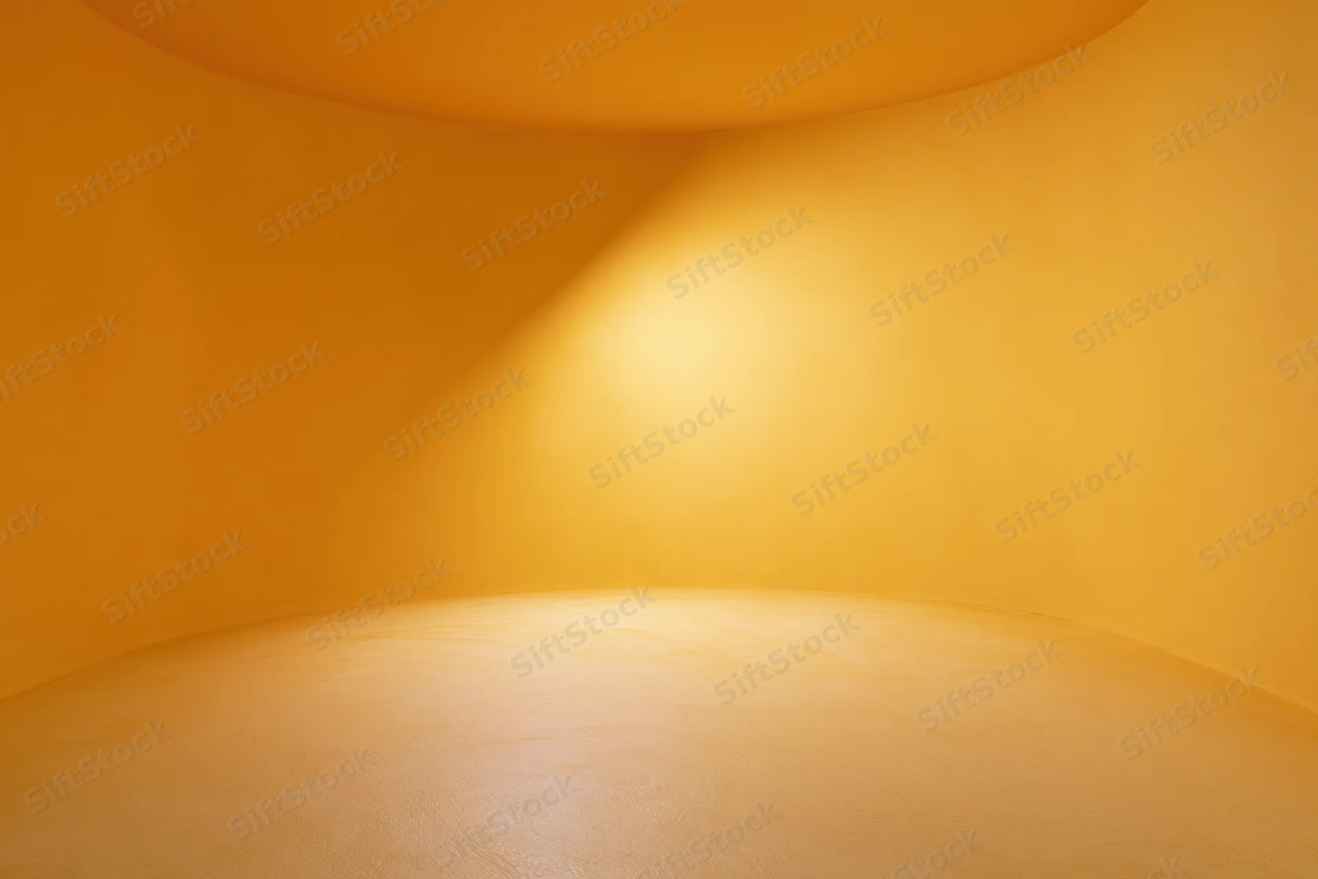 Seamless curved orange studio backdrop with smooth wall-to-floor transition and soft lighting