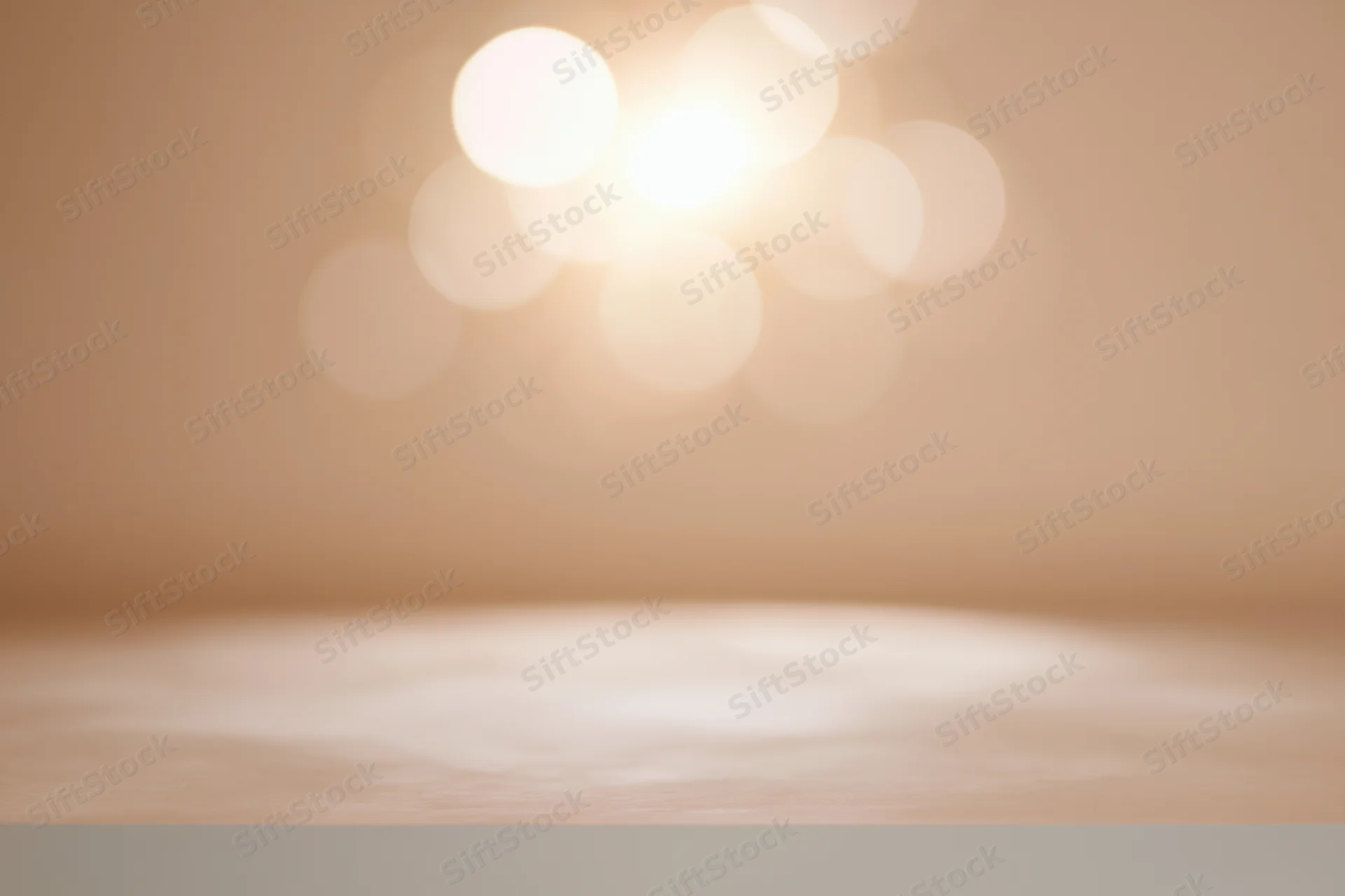 Empty wooden table with soft bokeh backlight in studio backdrop