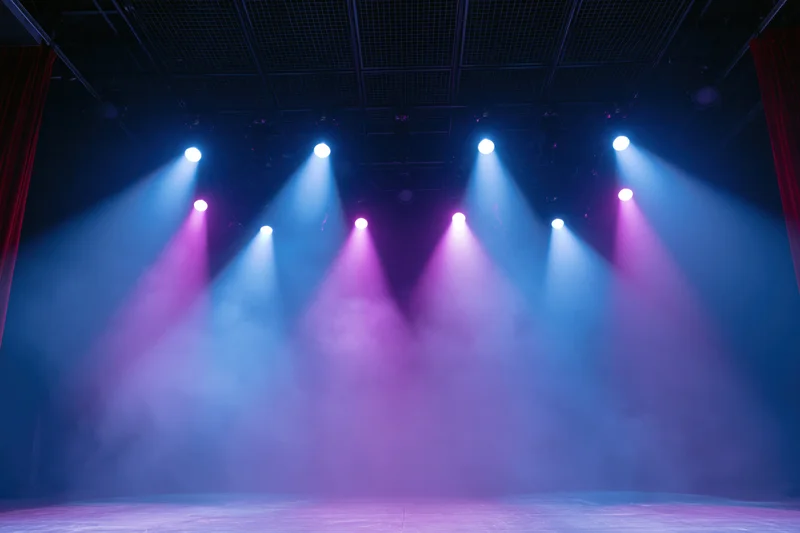 Empty theater stage illuminated by blue and purple spotlights with smoke under front-of-house view