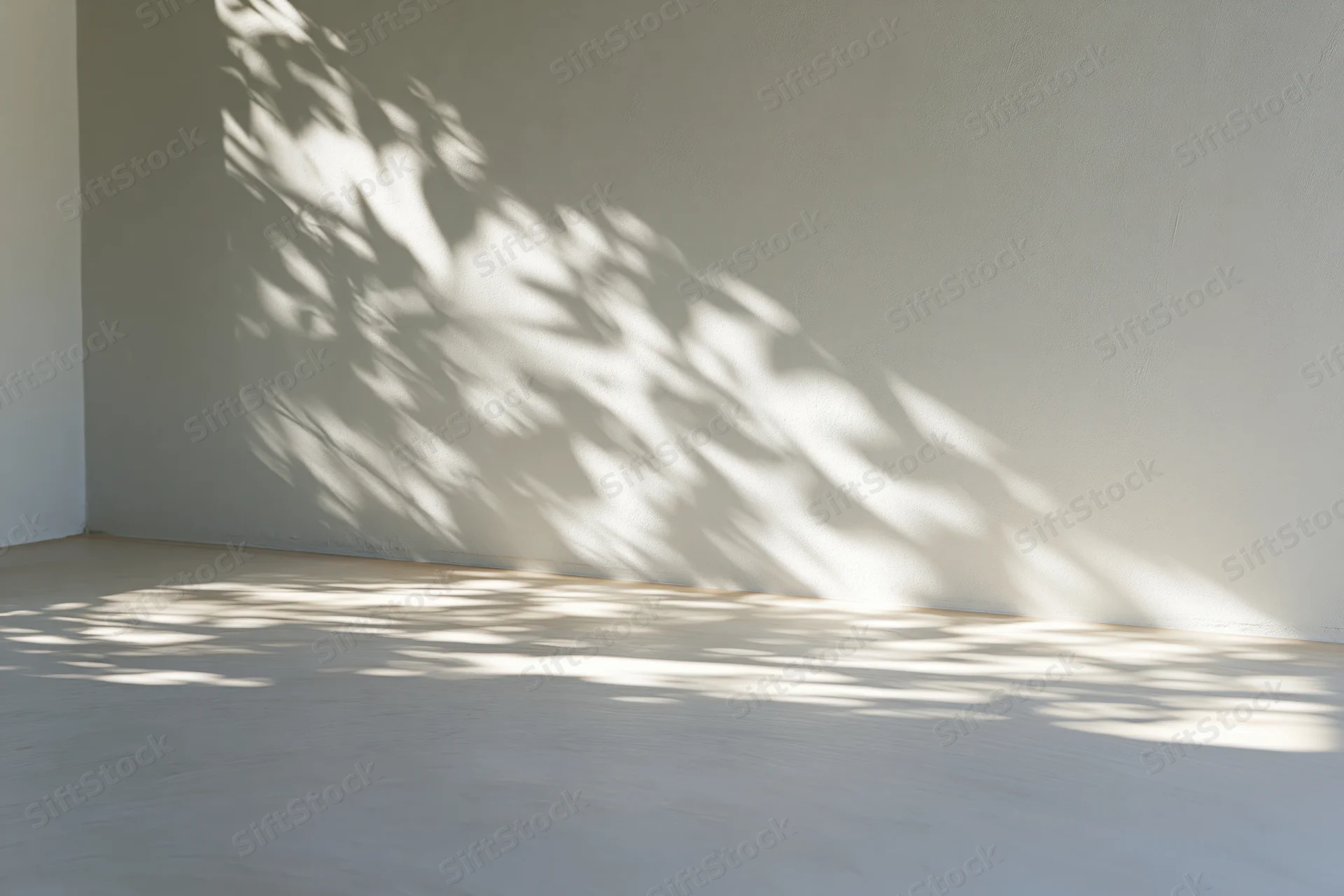 Empty white room with leaf shadows on concrete walls and floor