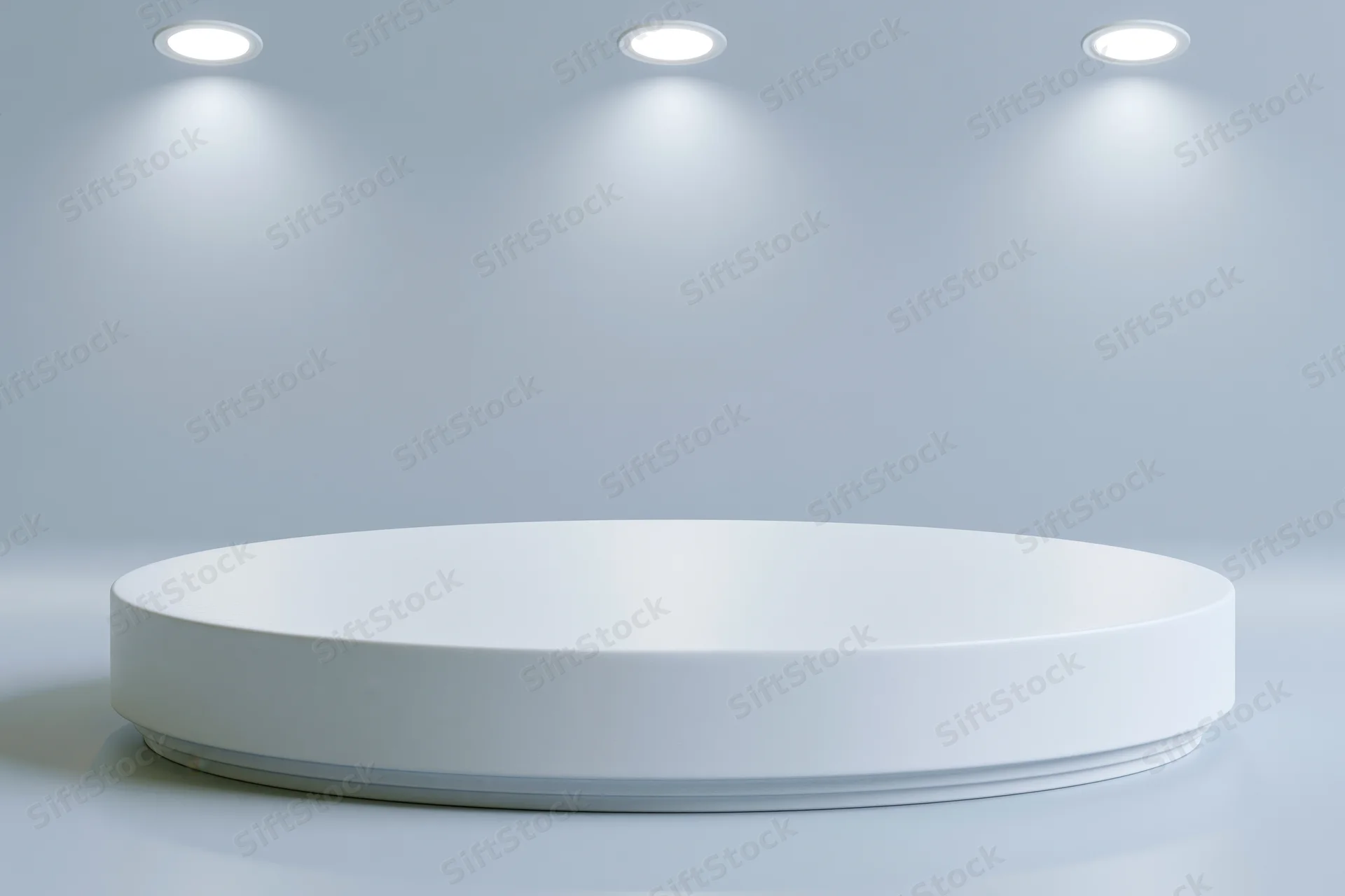 White circular pedestal for product display in a seamless studio space with recessed ceiling spotlights