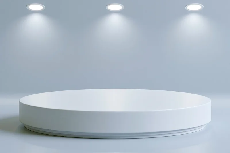 White circular pedestal for product display in a seamless studio space with recessed ceiling spotlights