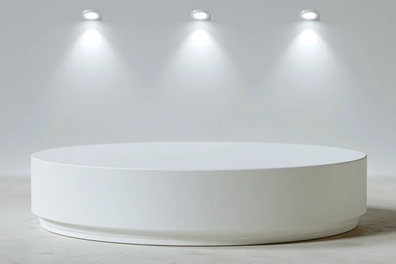 White circular pedestal for product display in a minimalist studio space with recessed ceiling spotlights