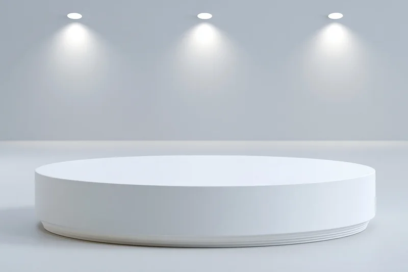 White circular pedestal for product display in a minimalist studio space with recessed ceiling spotlights