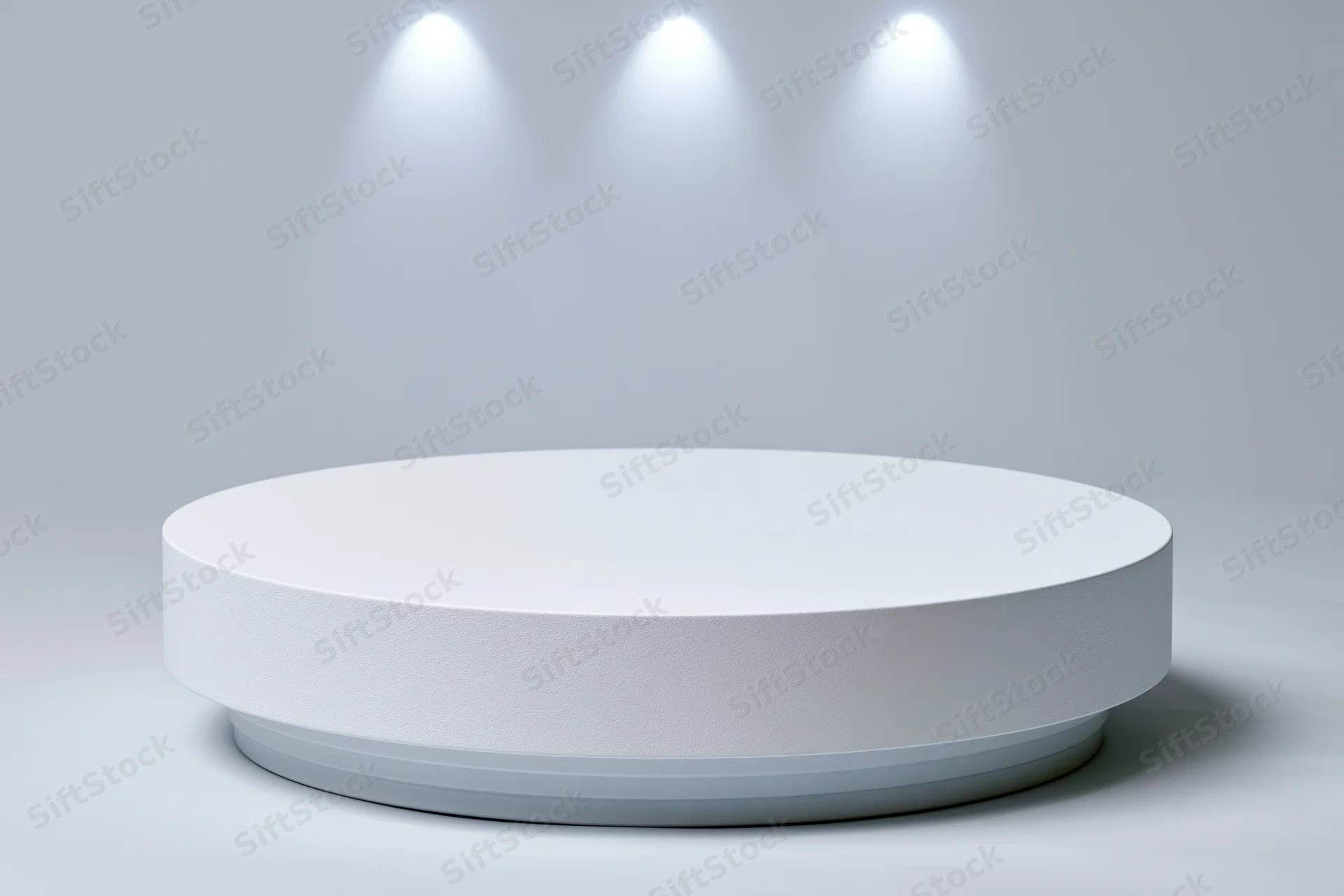 White circular pedestal for product display in a seamless studio space with spotlight lighting