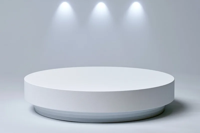 White circular pedestal for product display in a seamless studio space with spotlight lighting