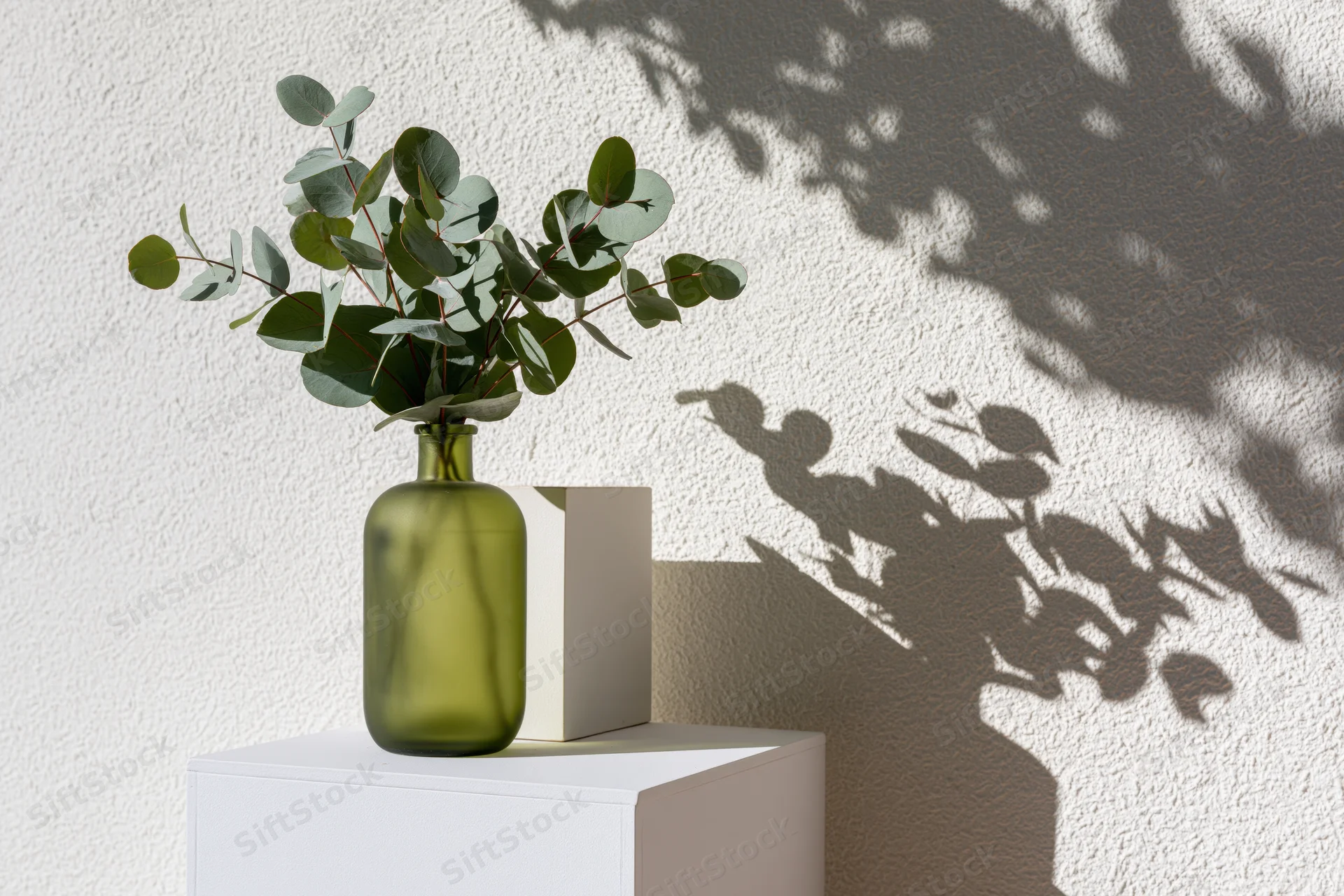 Eucalyptus branches in a green glass vase on a white pedestal beside a shadowed wall