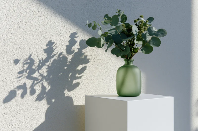 Green glass vase with eucalyptus branches on white pedestal beside textured wall