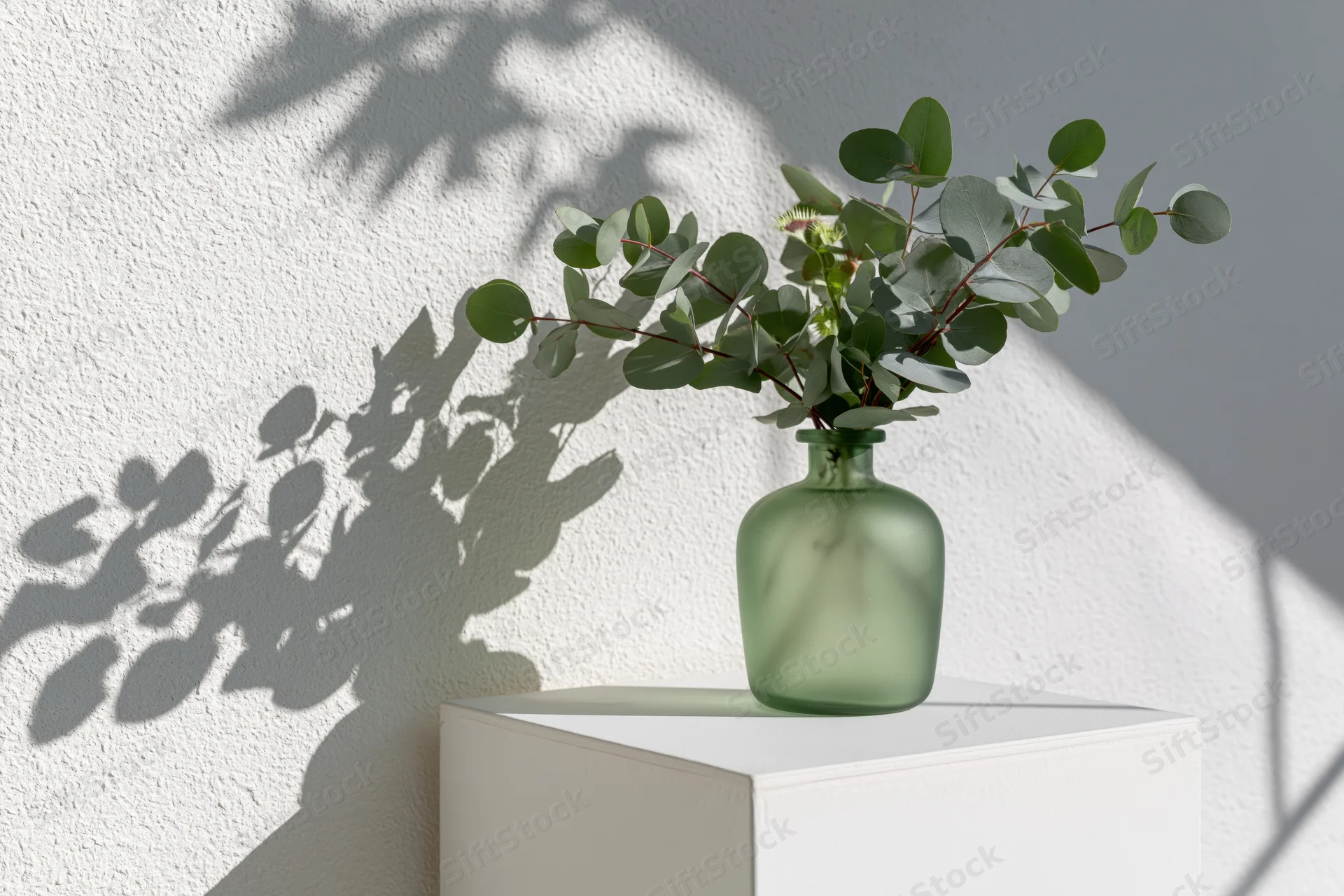 Eucalyptus branches in a green glass vase on a white display pedestal against a textured wall with leaf shadows