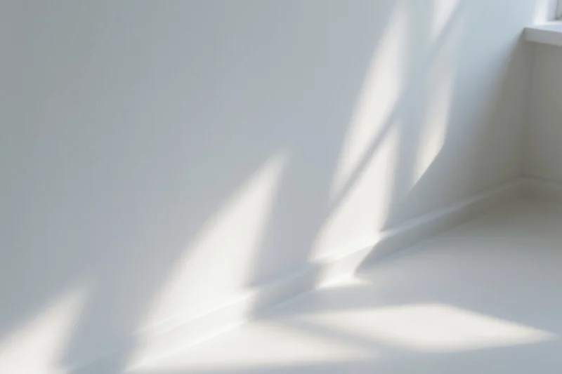 Corner where white wall meets white floor in empty room with sunlight casting shadows