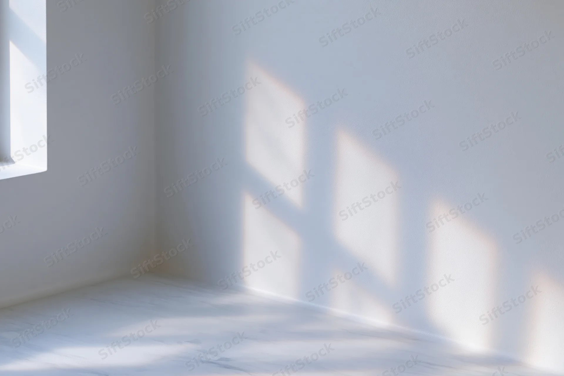 Empty white room corner with sunlight casting window shadows on wall and floor