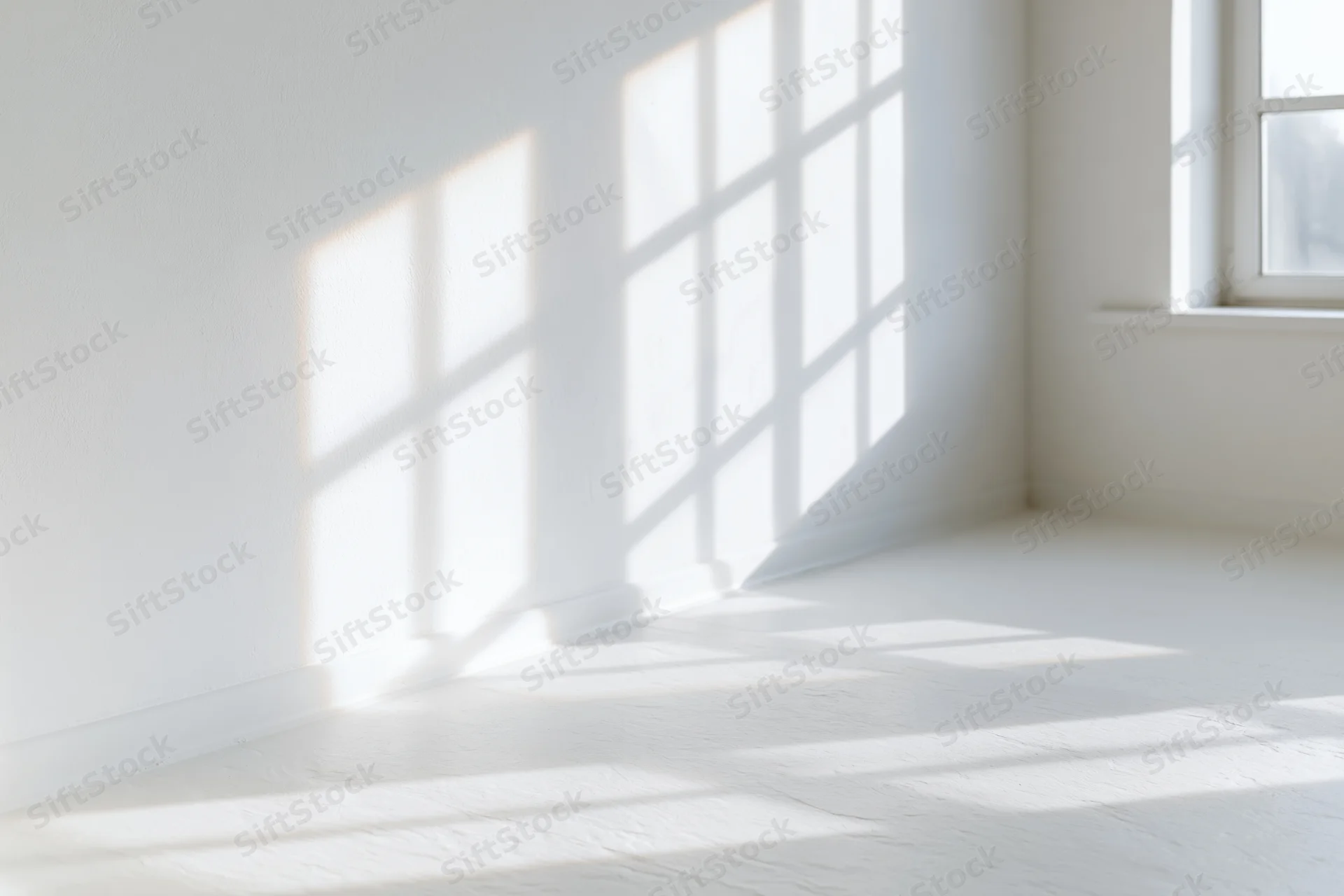 Empty white room interior with sunlight casting window shadow patterns on walls and floor